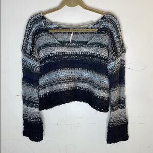 FREE PEOPLE Striped Knit Sweater - Black, Gray, White Cropped Length Size Small